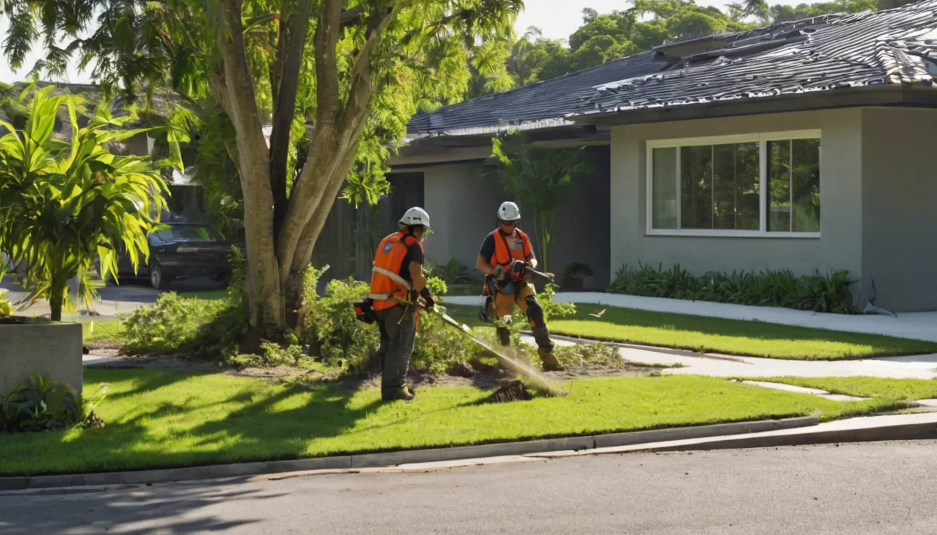 Provider crew safely taking down a large tree beside a single-story block home in Weston